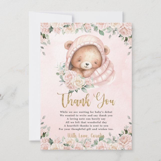 Cute Nalle  Rosa Blommigt Girl Baby Shower Tack Kort (Framsida)