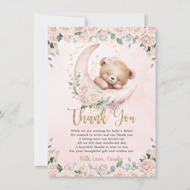 Cute Nalle  Rosa Blommigt Girl Baby Shower Tack Kort (Framsida)