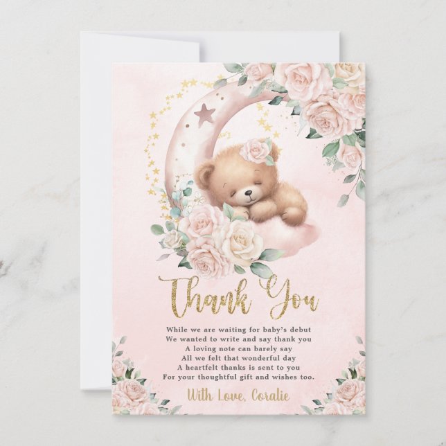 Cute Nalle  Rosa Blommigt Girl Baby Shower Tack Kort (Framsida)
