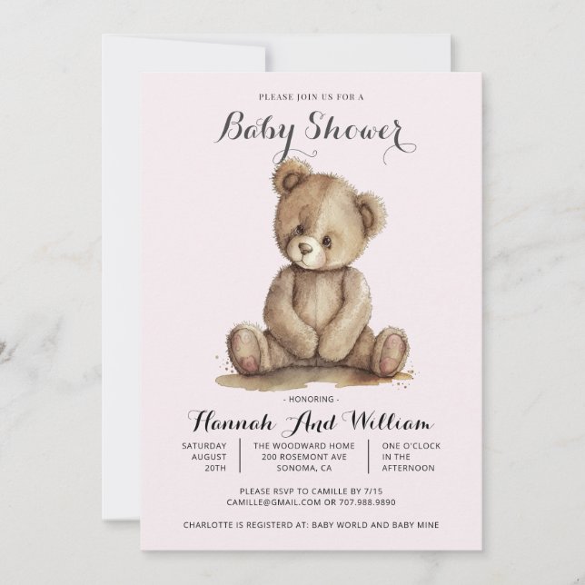 Cute Nalle Rosa Flicka Baby Shower Inbjudningar (Framsida)
