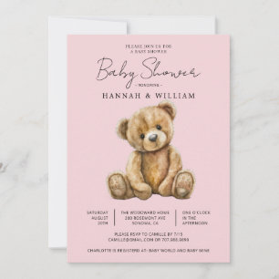 Cute Nalle Rosa Flicka Baby Shower Inbjudningar
