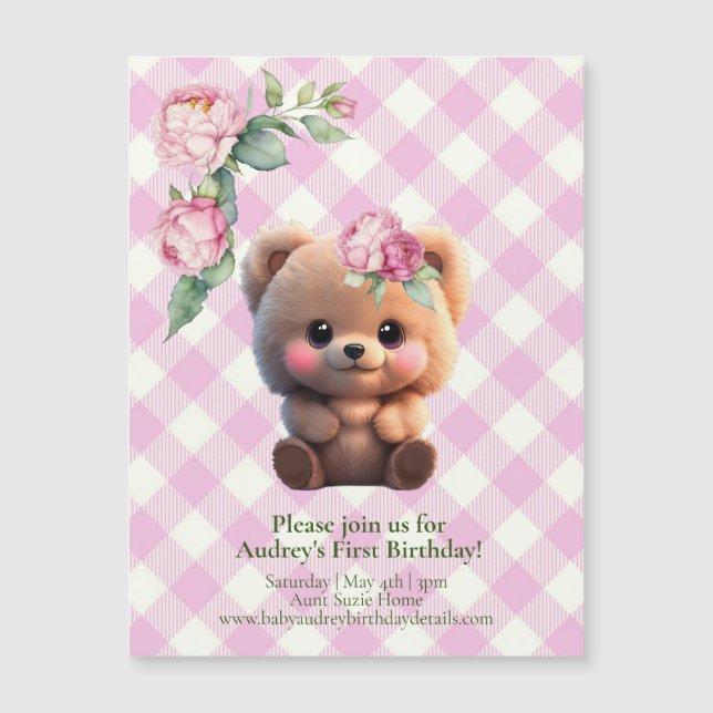 Cute nalle rosa gingham blommigt Baby Shower (Framsida)