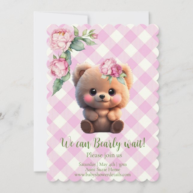 Cute nalle rosa gingham blommigt Baby Shower (Framsida)