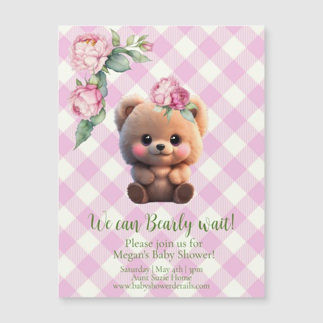 Cute nalle rosa gingham blommigt Baby Shower (Framsida)