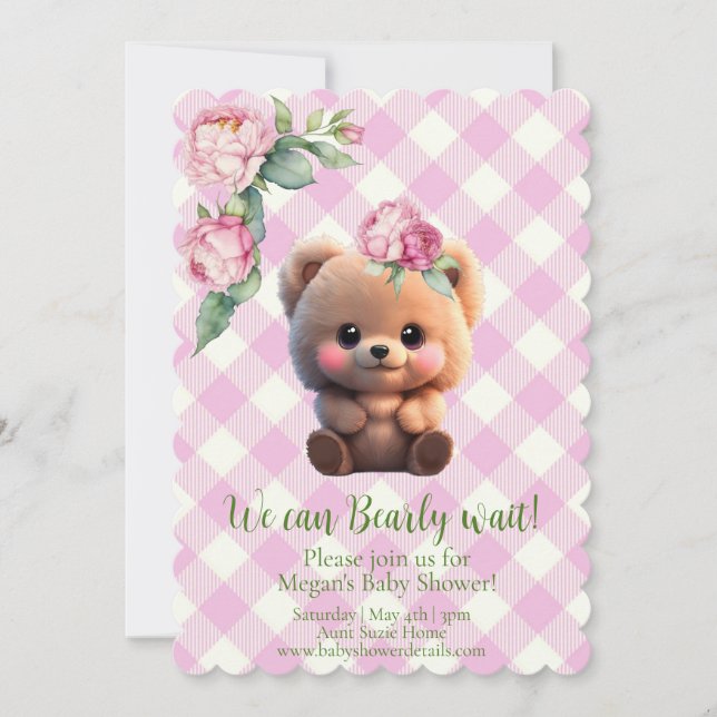 Cute nalle rosa gingham blommigt Baby Shower (Framsida)