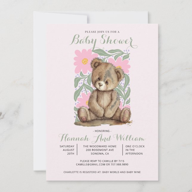 Cute Nalle Rosa Girl Baby Shower Inbjudningar (Framsida)