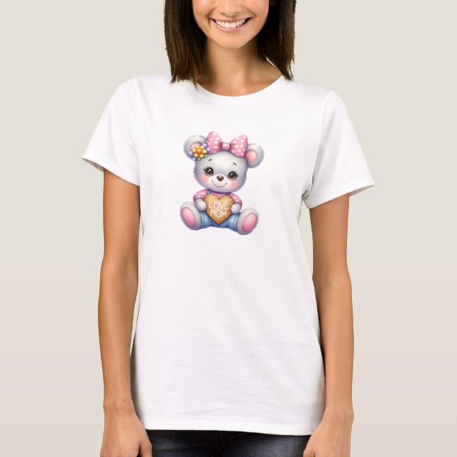 Cute nalle rosa hjärta och båge Kärlek Mamma T Shirt (Framsida)