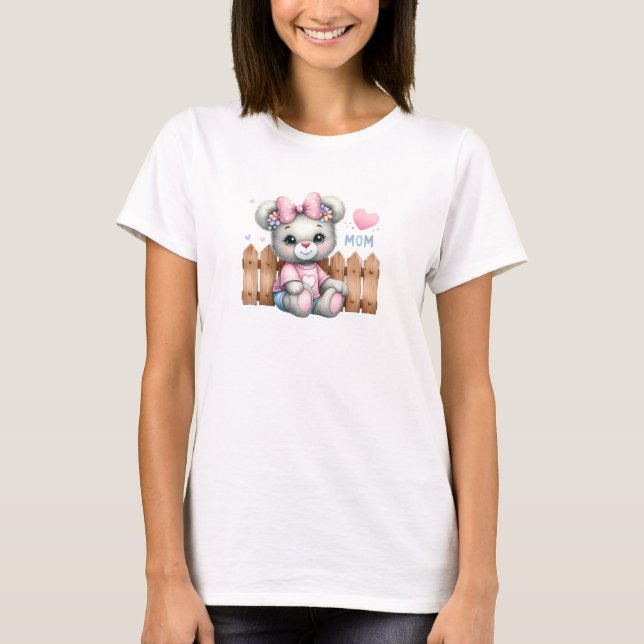 Cute nalle rosa hjärta och båge Kärlek Mamma T Shirt (Framsida)