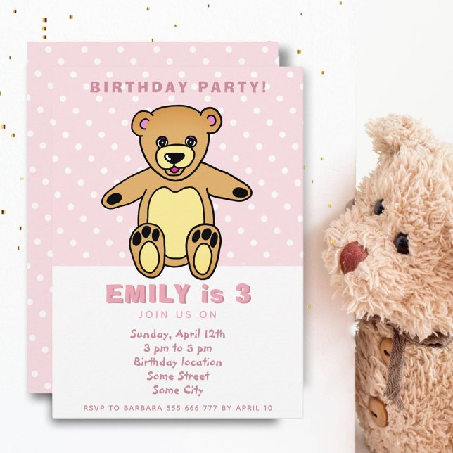 Cute Nalle Rosa Polka Dot Girl Birthday Inbjudningar (Skapare uppladdad)
