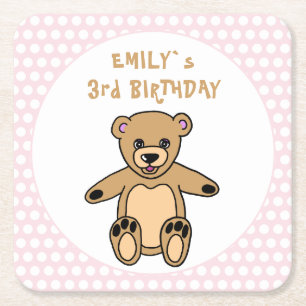 Cute Nalle Rosa Polka Dot Kid's Birthday Underlägg Papper Kvadrat