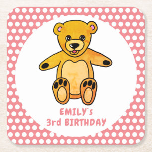 Cute Nalle Rosa Polka Dot Kid's Birthday Underlägg Papper Kvadrat