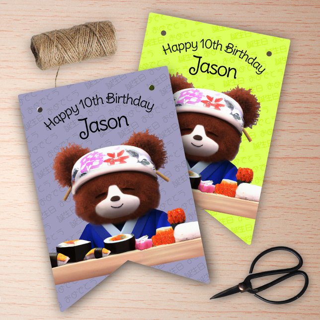 Cute Nalle Sushi Chef Födelsedagsfest Vimplar (Cute Teddy Bear Sushi Chef Birthday Party Bunting Flags Cover Photo.)