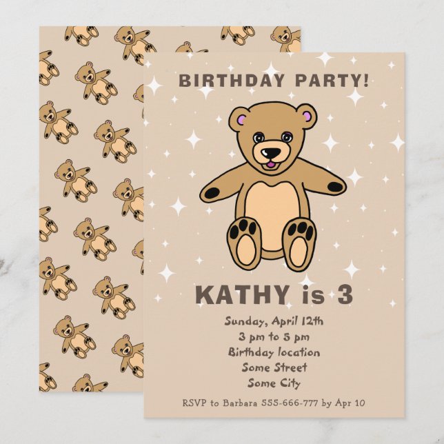Cute Nalle Teckning Beige Boy Birthday Inbjudningar (Fram/baksida)