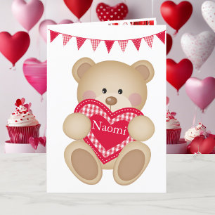 Cute Nalle w Red Heart Add Namn Helgkort