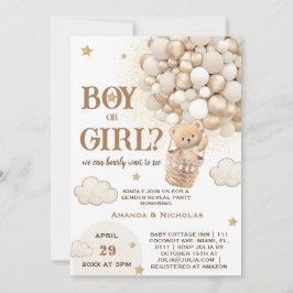 Cute Nalle White Beige Guld Gender Reveal Inbjudningar