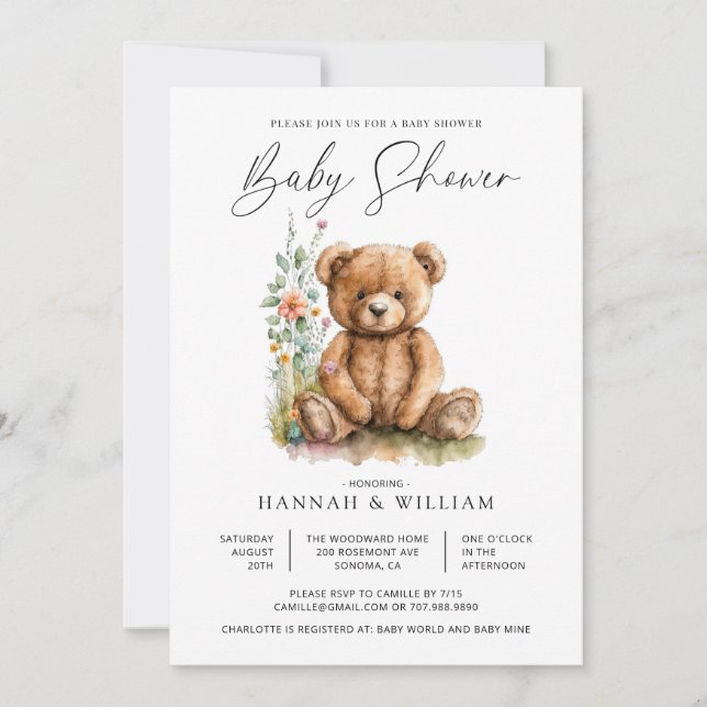 Cute Nalle Wildblomma Baby Shower Inbjudningar (Framsida)