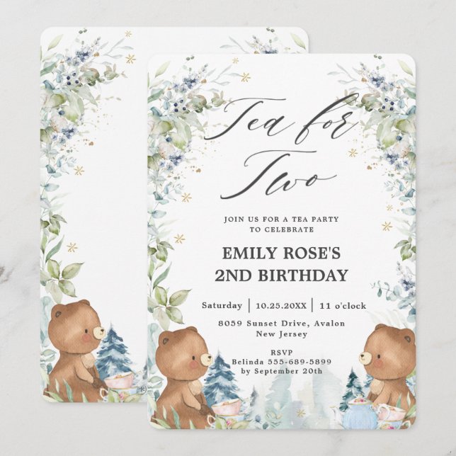 Cute Nalles Tea för 2:a födelsedagen Party Inbjudningar (Fram/baksida)