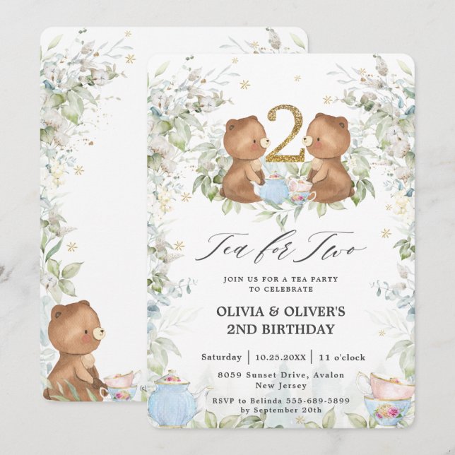 Cute Nalles Tea för 2:a födelsedagen Party Inbjudningar (Fram/baksida)