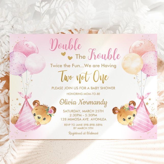 Cute Nalles Twin Girls Twin Rosa Baby Shower Inbjudningar (twin girls cute bears balloons double the trouble twice the fun twins baby shower invitation digital)