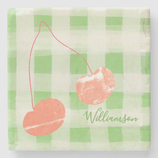 Cute Namn Monogram Gingham Pastel Grönt Red Cherry Stenunderlägg (Framsidan)