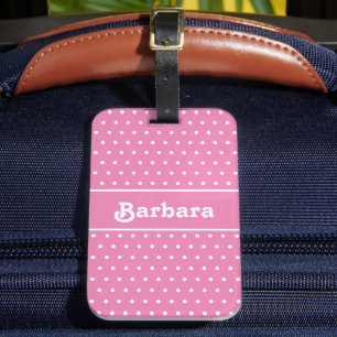 Cute Namn Polka Dot Rosa and White Bagagebricka