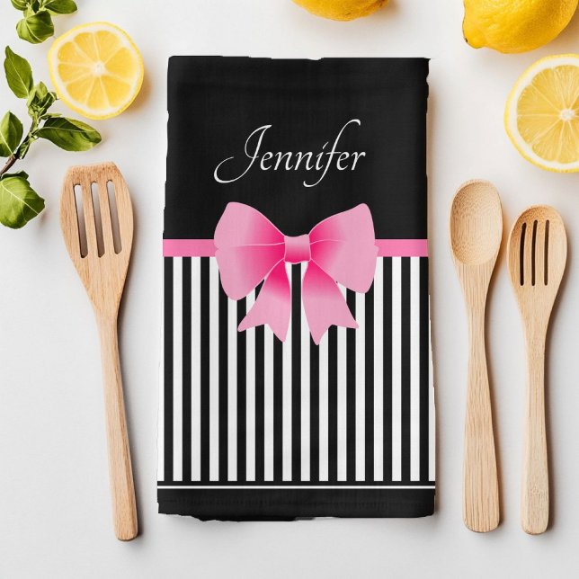 Cute Namn Rosa Ribbon Black White Rand Mönster Kökshandduk (Cute Name Pink Ribbon Black White Stripes Pattern Kitchen Towel)
