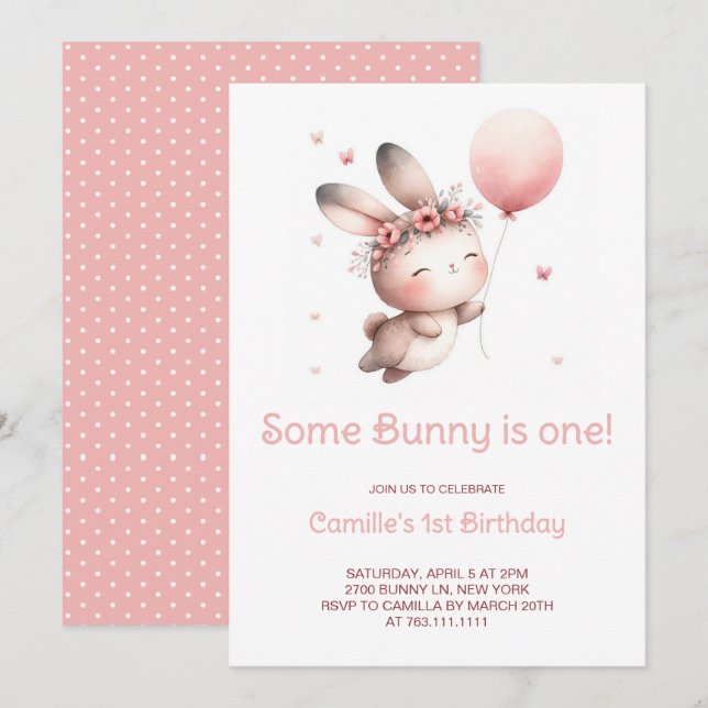 Cute Nån Bunny gör om en flicka på födelsedagen. Inbjudningar (Fram/baksida)