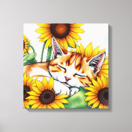Cute Napping Kitten and Sunflowers Canvastryck