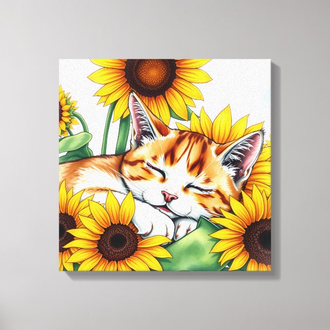 Cute Napping Kitten and Sunflowers Canvastryck (Framsida)
