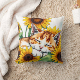 Cute Napping Kitten and Sunflowers Kudde