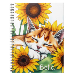 Cute Napping Kitten and Sunflowers Personalized Anteckningsbok