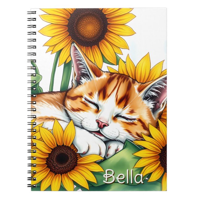 Cute Napping Kitten and Sunflowers Personalized Anteckningsbok (Framsidan)