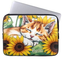 Cute Napping Kitten and Sunflowers Personalized Laptop Fodral