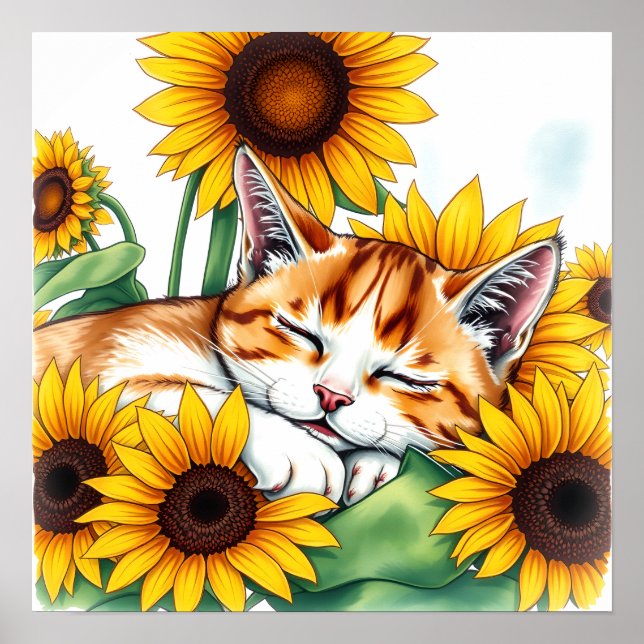 Cute Napping Kitten and Sunflowers Poster (Framsidan)