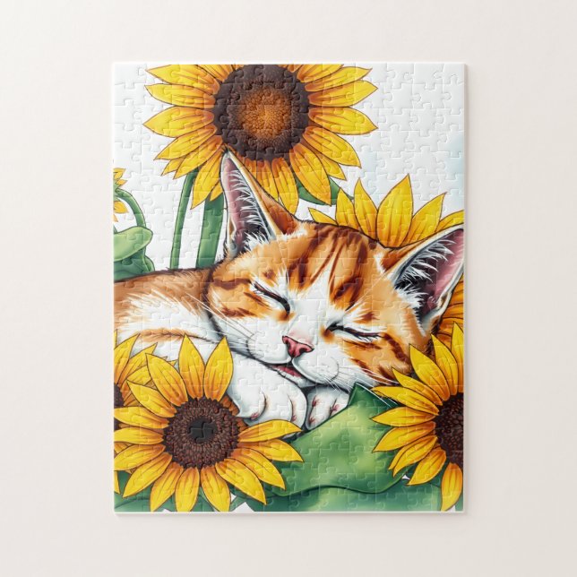 Cute Napping Kitten and Sunflowers Pussel (Vertikal)