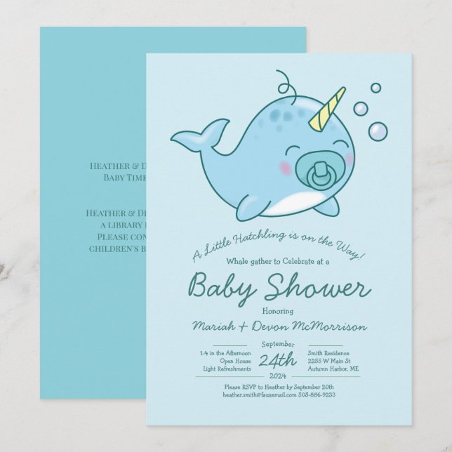 Cute Narwhal Baby Shower Kawaii Blue Boy Inbjudningar (Fram/baksida)
