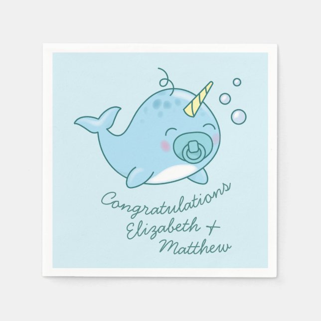 Cute Narwhal Baby Shower Kawaii Blue Boy Pappersservett (Framsidan)