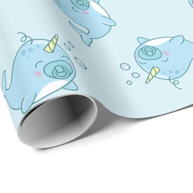 Cute Narwhal Baby Shower Kawaii Blue Boy Presentpapper (Rullad Hörn)