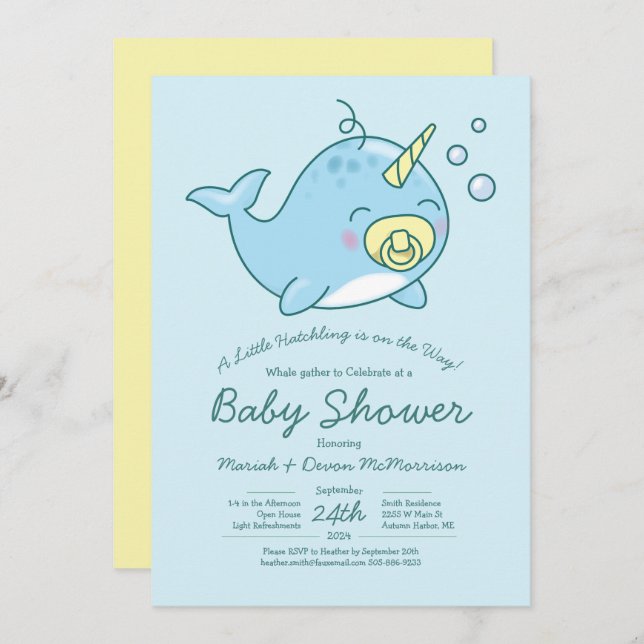 Cute Narwhal Baby Shower Kawaii-inbjudan Inbjudningar (Fram/baksida)