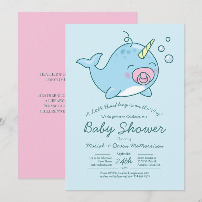 Cute Narwhal Baby Shower Kawaii Rosa Girl Girl Gir Inbjudningar (Fram/baksida)