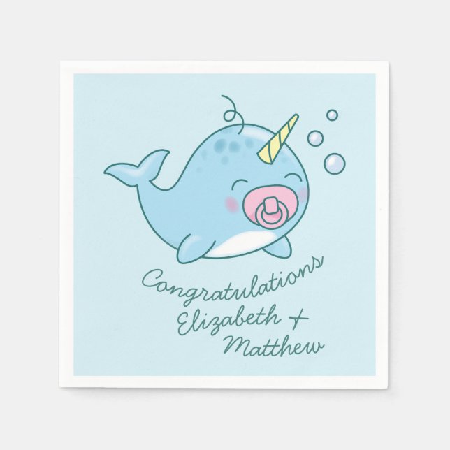 Cute Narwhal Baby Shower Kawaii Rosa Girl Girl Gir Pappersservett (Framsidan)