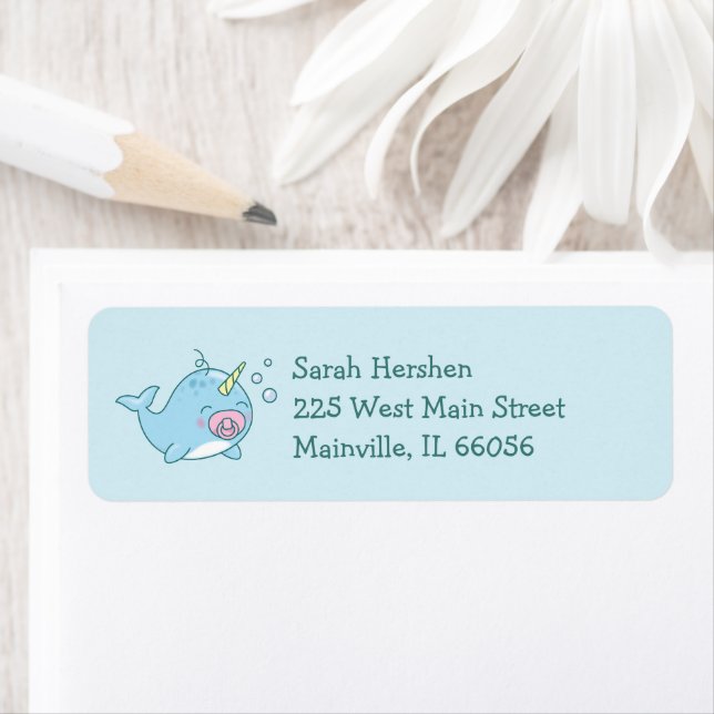 Cute Narwhal Baby Shower Kawaii Rosa Girl Girl Gir Returadress Etikett (Insitu)