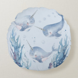 Cute Narwhal fish Pattern Watercolor Under the Sea Rund Kudde