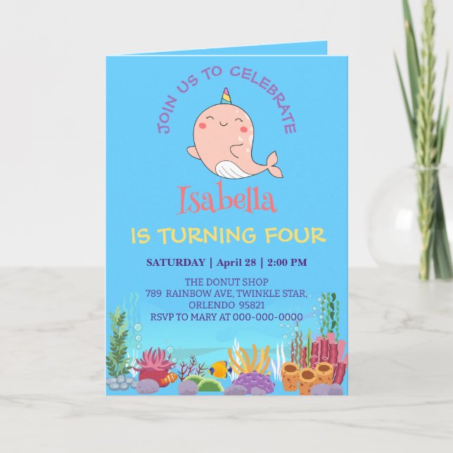 Cute Narwhal Fish Unicorn Rainbow Sea Birthday Inbjudan (Framsida)