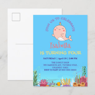 Cute Narwhal Fish Unicorn Rainbow Sea Birthday Inbjudan Vykort