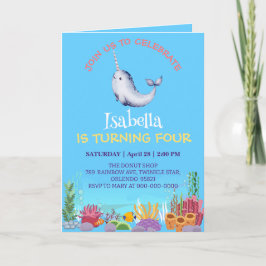 Cute Narwhal Fish Unicorn Whale Sea Birthday Inbjudan