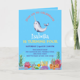 Cute Narwhal Fish Unicorn Whale Sea Birthday Inbjudan