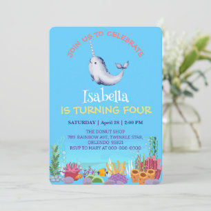 Cute Narwhal Fish Unicorn Whale Sea Birthday Inbjudningar