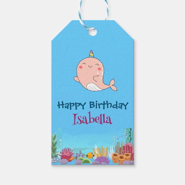 Cute Narwhal Fish Unicorn Whale Sea Birthday Presentetikett (Framsidan)