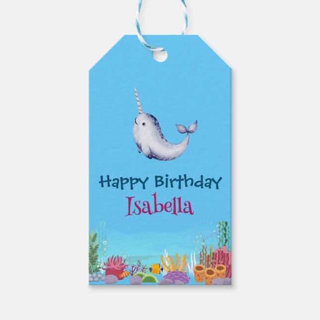 Cute Narwhal Fish Unicorn Whale Sea Birthday Presentetikett (Framsidan)